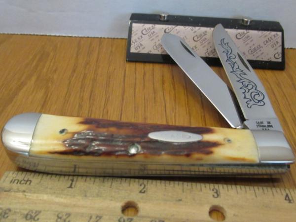 Case XX 1977 Blue Scroll Stag Handle Trapper Pattern # 5254 SSP Case XX 1977 Blue Scroll Stag Handle Trapper Pattern # 5254 SSP