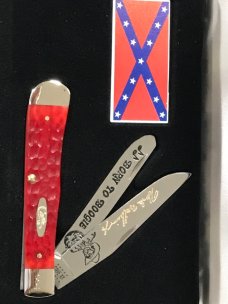 New Case XX USA Hank Williams Jr.Dark Red Bone Trapper Deep Color Etched Blades,4-1/8” Brand New.