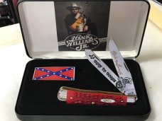New Case XX USA Hank Williams Jr.Dark Red Bone Trapper Deep Color Etched Blades,4-1/8” Brand New.