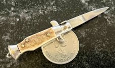 Miniature Switchblade Keychain Knife, Double Stamp INOX & ITALY, Stag Handle, Unused