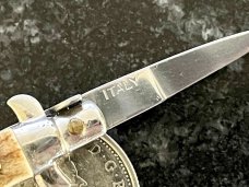 Miniature Switchblade Keychain Knife, Double Stamp INOX & ITALY, Stag Handle, Unused
