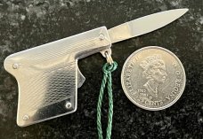 Rare Miniature Italy Switchblade Keychain Knife, Metal Gun, PATENT over INOX Mark, Unused