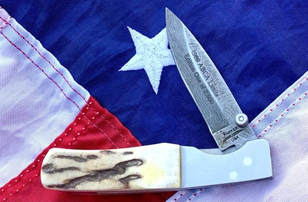 1989 Parker (ABCA) Linerlock, Lockblade knife w/ great Stag handles and damascus blade -NOS 1989 Parker (ABCA) Linerlock, Lockblade knife w/ great Stag handles and damascus blade -NOS