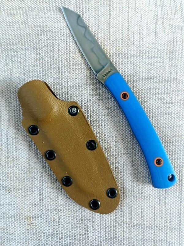 Tracy LaRock Native Fixed ..W2 and Blue G10 ..2.5" blade and 3.5" Hamon...Kydex Sheath 