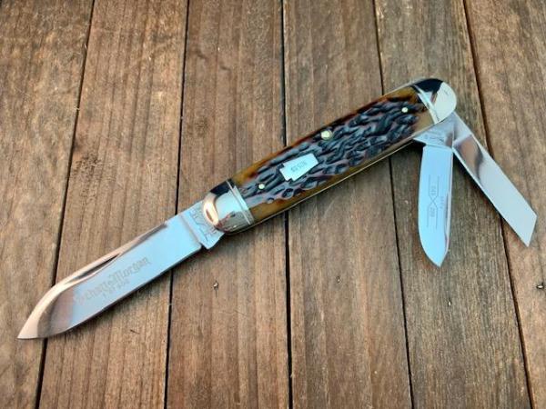 Schatt and Morgan Split Back Spring Whittler Amber Peach Seed Jigged Bone 2003