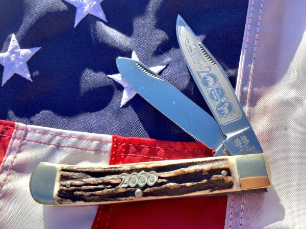 Bulldog Brand Anno Domini  Trapper Knife w Super Stag Handles +Blade Etch -NOS