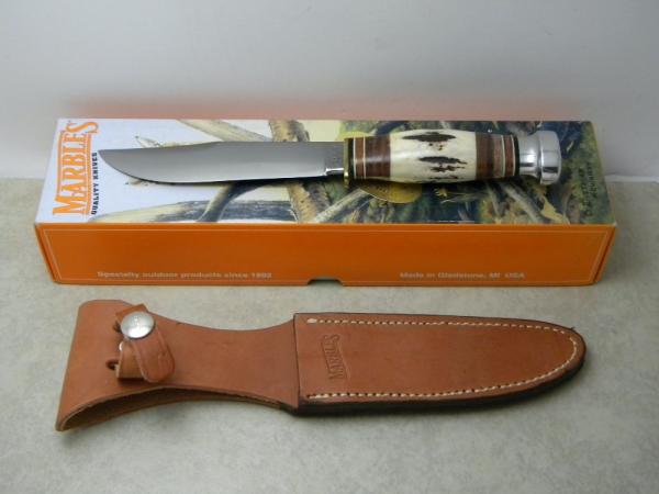 Marbles Gladstone Mich. USA Leather/Stag/Leather/Aluminum Expert Fixed Blade Sheath Knife in Box Marbles Gladstone Mich. USA Leather/Stag/Leather/Aluminum Expert Fixed Blade Sheath Knife in Box