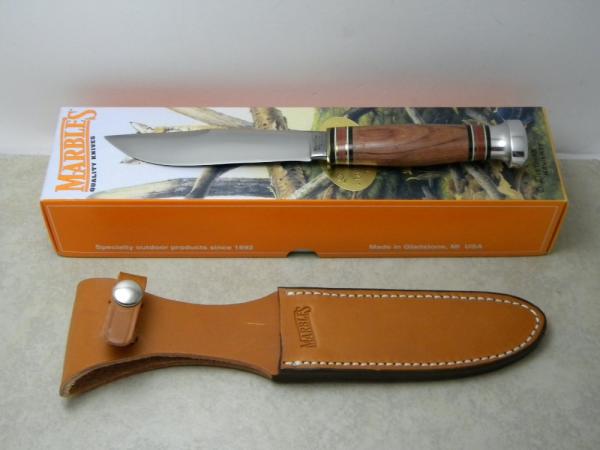 Marbles Gladstone Mich. USA Tigerwood/Aluminum Expert Fixed Blade Sheath Knife in Box