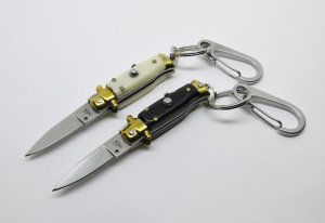 Lot of (2) Miniature INOX Stiletto Switchblade Knives Key Chain Synthetic Horn & Ivory Handles