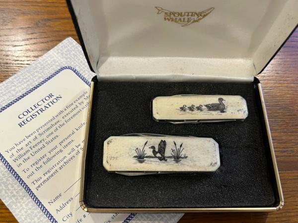 Spouting Whale F&F Inc. CS-34 & CS-35 His & Hers Scrimshaw Pocket Knife Set SN#495 Japan