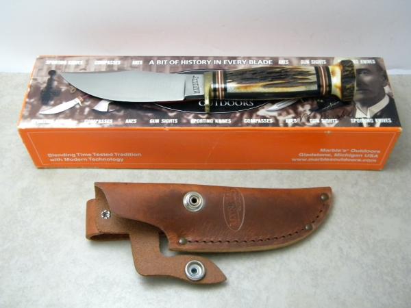 Marbles USA Stag/Stag Woodcraft Fixed Blade Sheath Knife in Box c.2000's Marbles USA Stag/Stag Woodcraft Fixed Blade Sheath Knife in Box c.2000's