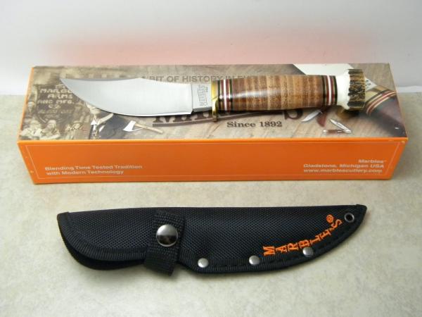 Marbles USA Stacked Leather/Stag Woodcraft Fixed Blade Sheath Knife in Box c.2000's Marbles USA Stacked Leather/Stag Woodcraft Fixed Blade Sheath Knife in Box c.2000's