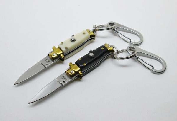 Lot of (2) Miniature INOX Stiletto Switchblade Knives Key Chain Synthetic Horn & Ivory Handles 