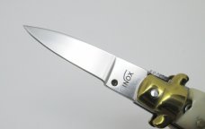 Lot of (2) Miniature INOX Stiletto Switchblade Knives Key Chain Synthetic Horn & Ivory Handles 