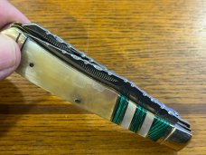 Bear & Bull Customized 2-Blade Trapper w/Inlaid Bone-Turquoise-MOP Handle