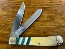 Bear & Bull Customized 2-Blade Trapper w/Inlaid Bone-Turquoise-MOP Handle