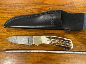 Bear MGC USA  7 1/2" Drop Point Hunting Knife w/Damascus Blade & Stag Scales