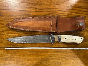 Custom 12 3/4" Drop Point Hunting Knife w/Damascus Blade & Smooth Bone Scales