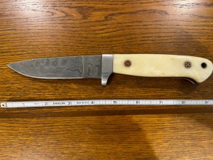 Custom 9quot Drop Point Hunting Knife wDamascus Blade amp Smooth Bone Scales