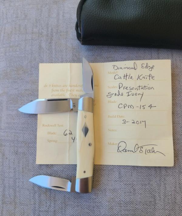 DrT Diamond Edge Cattleman Knife in Ivory....Cpm154...coa and pouch...older build..older price 