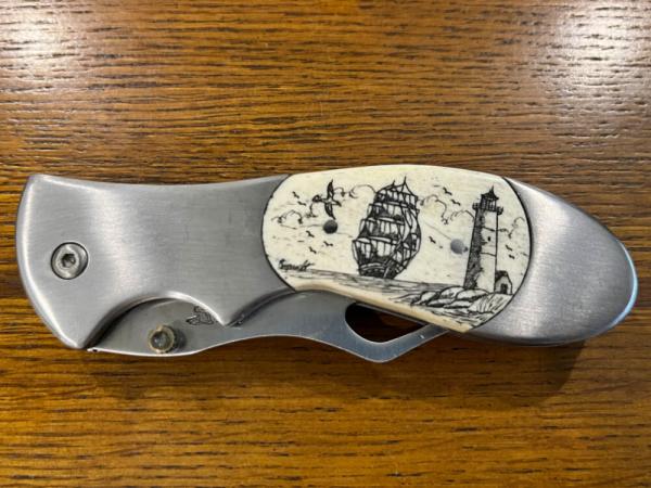 Frost Cutlery Stainless Steel Linerlock Folding Knife w/Scrimshaw Inlay