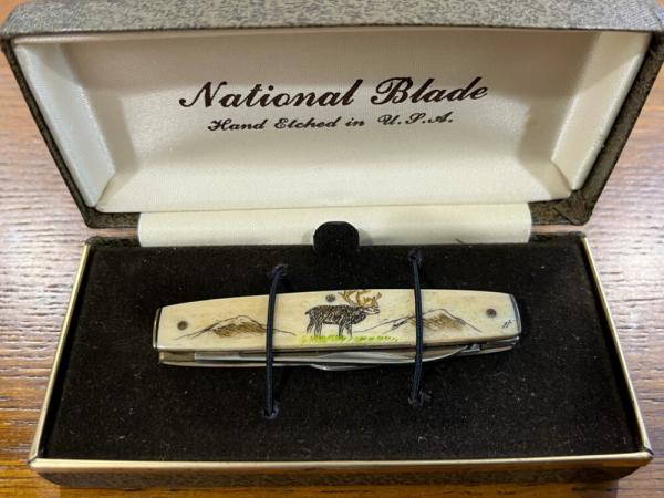 National Blade Admiral 2-Blade Folding Knife w/Scrimshaw Moose Scales Japan