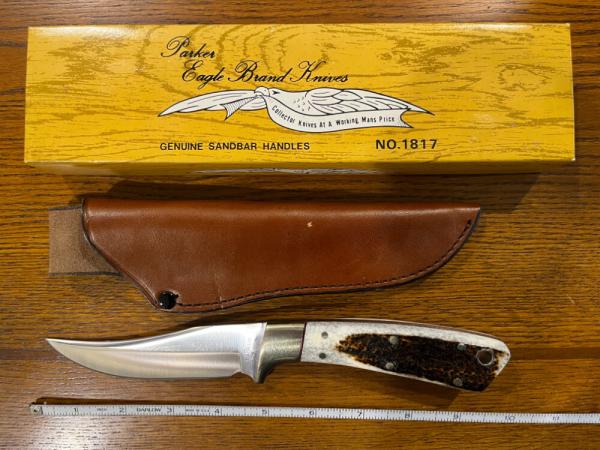 Parker Custom Series Trailing Point Hunting Knife with Sandbar Stag Handle Hand Made by DAM Japan