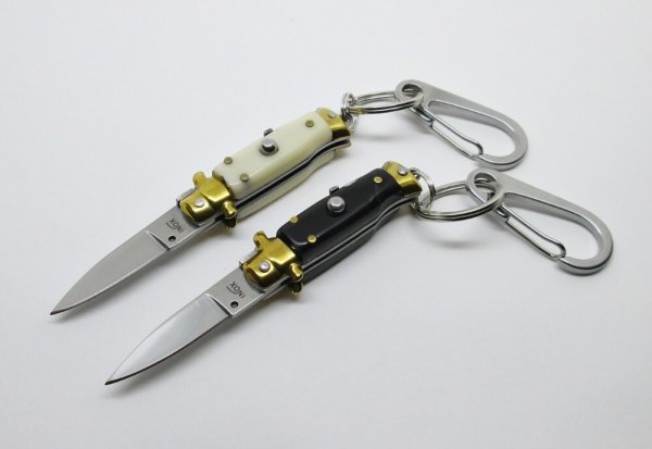Lot of (2) Miniature INOX Stiletto Switchblade Knives Key Chain Synthetic Horn & Ivory Handles 