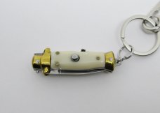 Lot of (2) Miniature INOX Stiletto Switchblade Knives Key Chain Synthetic Horn & Ivory Handles 