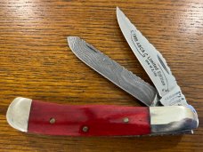 Parker-Edwards 1988 ABCA Ltd Ed 2-Blade Trapper Folding Knife w/Damascus Blade & Red Bone Scales