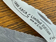 Parker-Edwards 1988 ABCA Ltd Ed 2-Blade Trapper Folding Knife w/Damascus Blade & Red Bone Scales