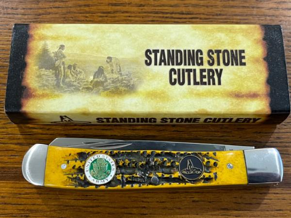 Standing Stone Cutlery SS0116SB Army Trapper Folding Knife w/Jigged Orange Bone Scales