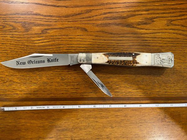 Parker Cut. Co. EK-14/JK-14 S. C. Wragg Sheaf Island Works Replica Folding Bowie w/Sambar Stag Scale