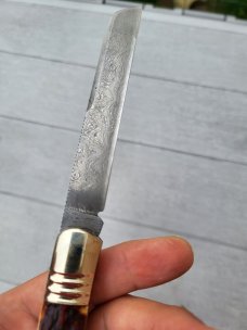 4 3/4" Custom Handmade Pocket Knife, Nice Pattern Damascus blade with Filework
