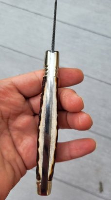 4 3/4" Custom Handmade Pocket Knife, Nice Pattern Damascus blade with Filework