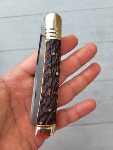 4 3/4" Custom Handmade Pocket Knife, Nice Pattern Damascus blade with Filework