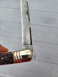 4 3/4" Custom Handmade Pocket Knife, Nice Pattern Damascus blade with Filework