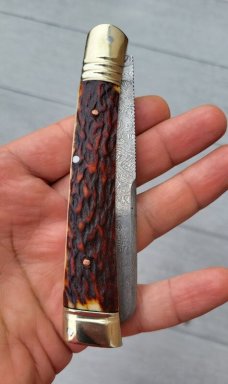 4 3/4" Custom Handmade Pocket Knife, Nice Pattern Damascus blade with Filework