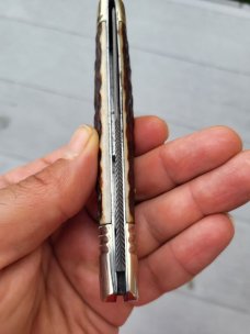4 3/4" Custom Handmade Pocket Knife, Nice Pattern Damascus blade with Filework