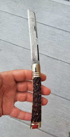 4 3/4" Custom Handmade Pocket Knife, Nice Pattern Damascus blade with Filework