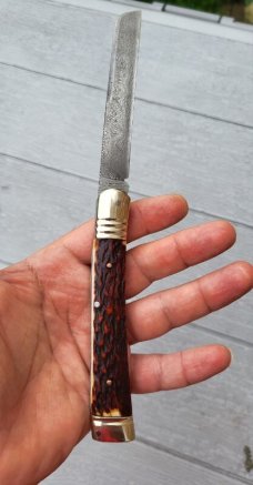 4 3/4" Custom Handmade Pocket Knife, Nice Pattern Damascus blade with Filework