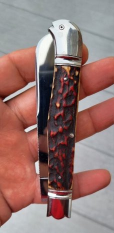 4 1/2"  Custom Made Bird's Head Bolster Knife, Premium stag handle 