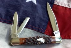 Vintage Ka-Bar Dog Head Whittler Knife w/ Sweet Chestnut Bone Handles +Dog Head Shield -NOS & M/NM