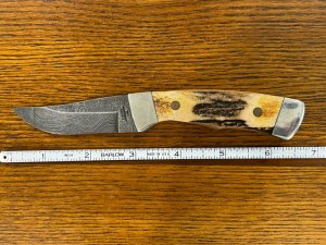 Parker USA 6 1/2" Trailing Point Hunting Knife w/Damascus Blade & Stag Scales