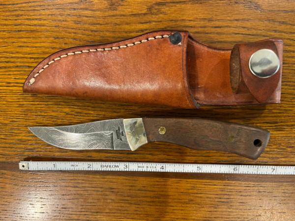 Parker USA 6 1/2" Trailing Point Hunting Knife w/Damascus Blade & Wood Scales
