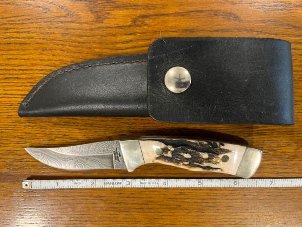 Parker USA 6 3/8" Trailing Point Hunting Knife w/Damascus Blade & Stag Scales
