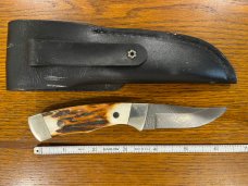 Parker USA 6 3/8" Trailing Point Hunting Knife w/Damascus Blade & Stag Scales