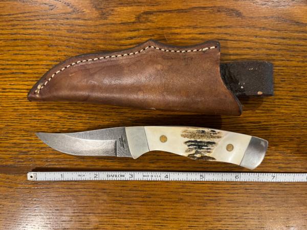 Parker USA 6 3/8" Trailing Point Hunting Knife w/Damascus Blade & Stag Scales