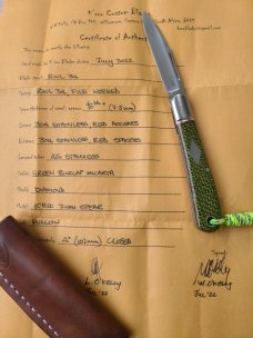 K'roo Green Burlap Zulu..Rwl34...4" clsd...Lanyard tube with Lanyard..filework..coa and slip..