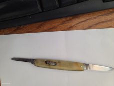 VINTAGE1918 FLYLOCK KNIFE CO B.PORT CONN BUTTERSCOTCH SCALES DOUBLE BUTTON AUTO KNIFE